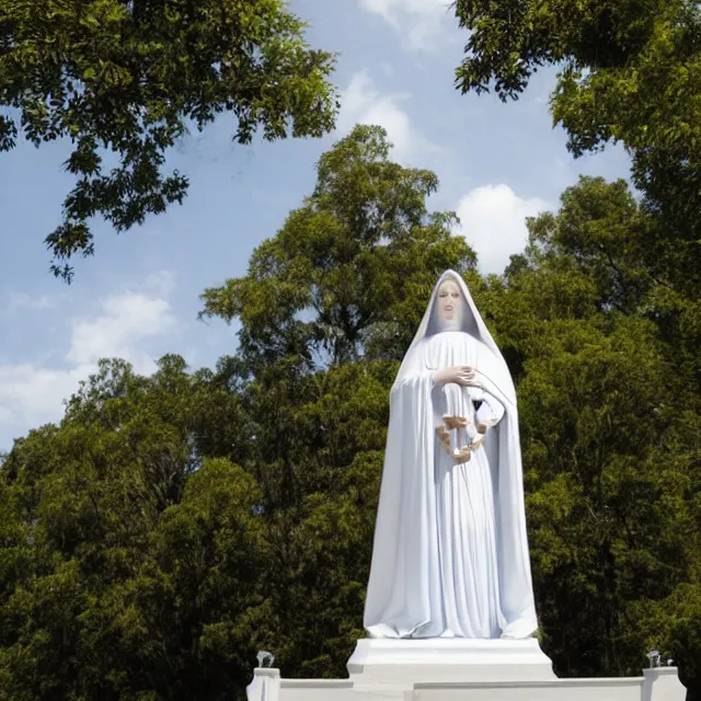 Prompt: white statue of mother mary pictured slightly from below, clear sky with blue clouds in background, polaroid