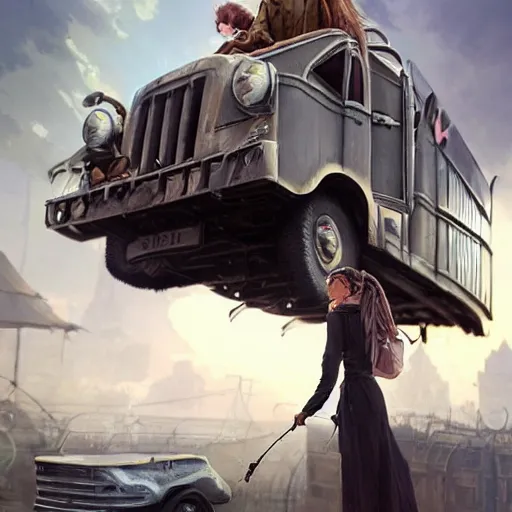Image similar to a highly detailed epic cinematic concept art CG render digital painting artwork: the back of a steampunk truck in motion. girl in grey hoodie catches a ride on the back of a truck. By Greg Rutkowski, Ilya Kuvshinov, WLOP, Stanley Artgerm Lau, Ruan Jia and Fenghua Zhong, trending on ArtStation, made in Maya, Blender and Photoshop, octane render, excellent composition, cinematic atmosphere, dynamic dramatic cinematic lighting, aesthetic, very inspirational, arthouse
