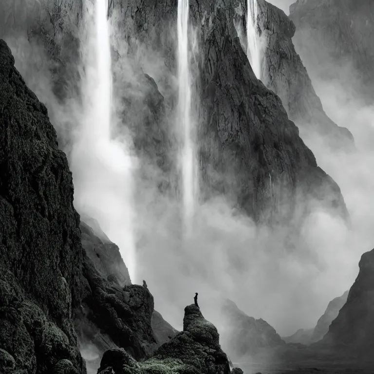 Prompt: dark and moody photo by ansel adams and pedar balke and wayne barlow, a giant tall huge woman in an extremely long white dress made out of smoke, standing inside a green mossy irish rocky scenic landscape, huge waterfall, volumetric lighting, backlit, atmospheric, fog, extremely windy, soft focus