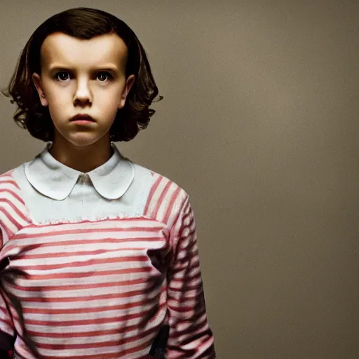 Prompt: millie bobby brown as eleven from stranger things 1 8 9 0's photography