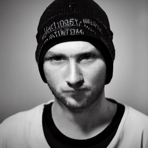 Prompt: close-up a 25 year old man wearing a black winter hat and a orange jail inmate tshirt, inside a underground facility, blue eyes, hideous, side lighting