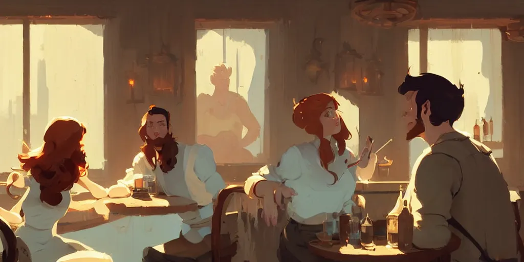 Prompt: scene of brunette man with a beautiful ginger woman talking in a tavern by atey ghailan, by greg rutkowski, by greg tocchini, by james gilleard, by joe fenton, by kaethe butcher, dynamic lighting, gradient light blue, brown, blonde cream and white color scheme, grunge aesthetic