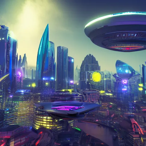 Prompt: A vibrant futuristic city with a spaceship hovering above it, utopia, science fiction, 3d render, volumetric lighting, extremely detailed, unreal engine, 8k UHD, in the style of Scott Robertson, trending on artstation