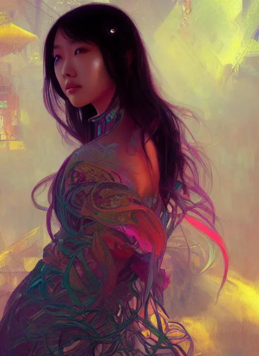 Prompt: beautiful young Asian woman, gorgeous face, sad eyes, tears, cyberpunk vaporwave aesthetic, synthwave, colorful, intricate, elegant, highly detailed, digital painting, artstation, concept art, smooth, sharp focus, illustration, art by artgerm and greg rutkowski and alphonse mucha