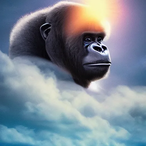 Image similar to the ghost of Harambe peering through the clouds, mystical vision, spiritual awakening, blessed and based,