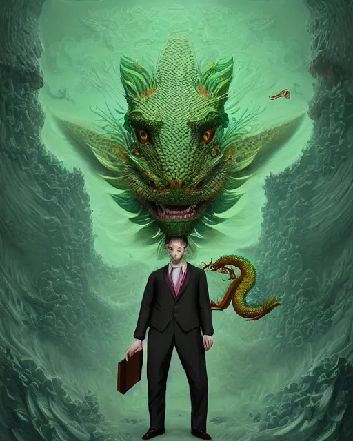 Prompt: anthropomorphic art of a businessman dragon, green dragon, portrait, victorian inspired clothing by artgerm, victo ngai, ryohei hase, artstation. fractal papers and books. highly detailed digital painting, smooth, global illumination, fantasy art by greg rutkowsky, karl spitzweg