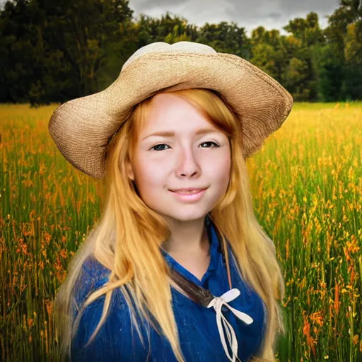 Prompt: young blonde pioneer girl in a meadow, portrait, anime style