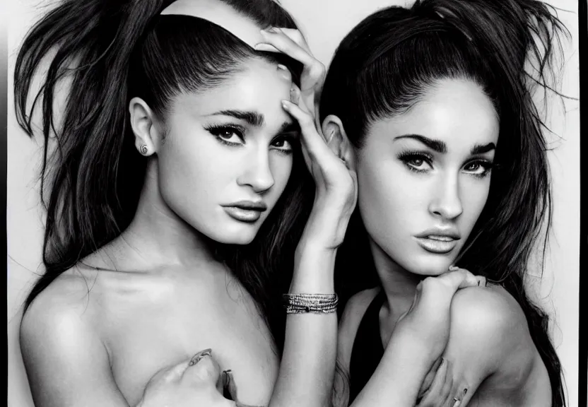 Image similar to award winning photo of Ariana Grande with Megan Fox, symmetrical face by Sally Mann & Arnold Newman