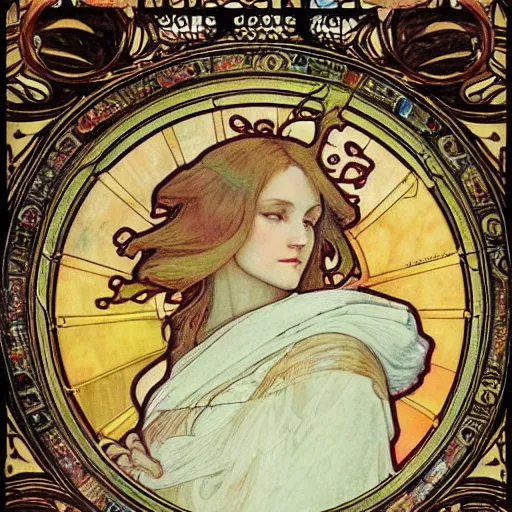 Image similar to johannes scotus erigena, mucha style,