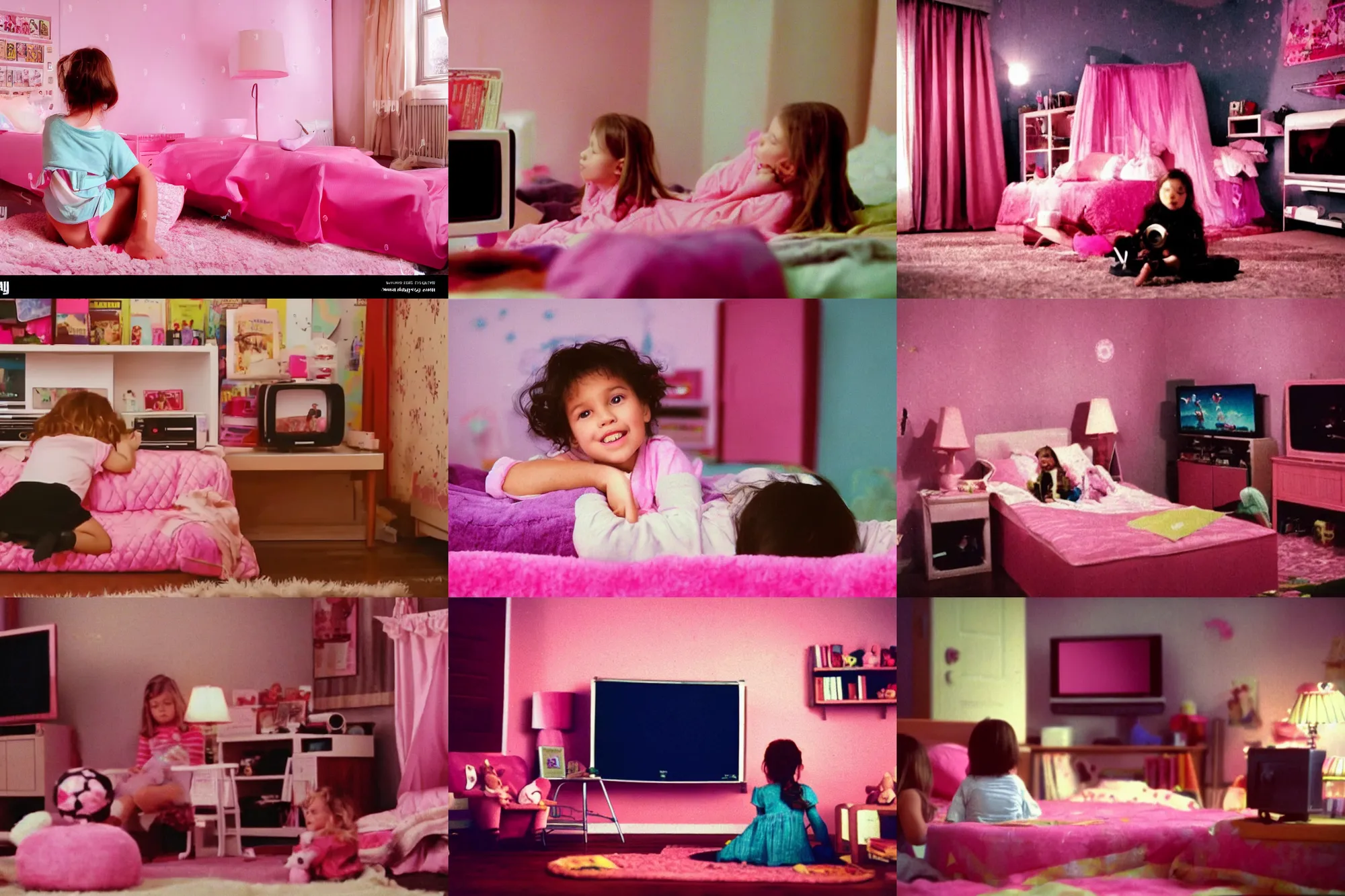 Prompt: Home video footage. A little girl is watching TV in her room at night. The girl is on her pink bed. Color VHS picture quality with mixed noise.