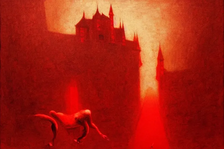 Image similar to only with red, red eyes, a red tiger, a castle in the background, medieval demons dance, an ancient path, in the style of beksinski, part by hopper, part by rodcenko, part by hofbauer, intricate composition, red by caravaggio, insanely quality, highly detailed, masterpiece, red light, artstation