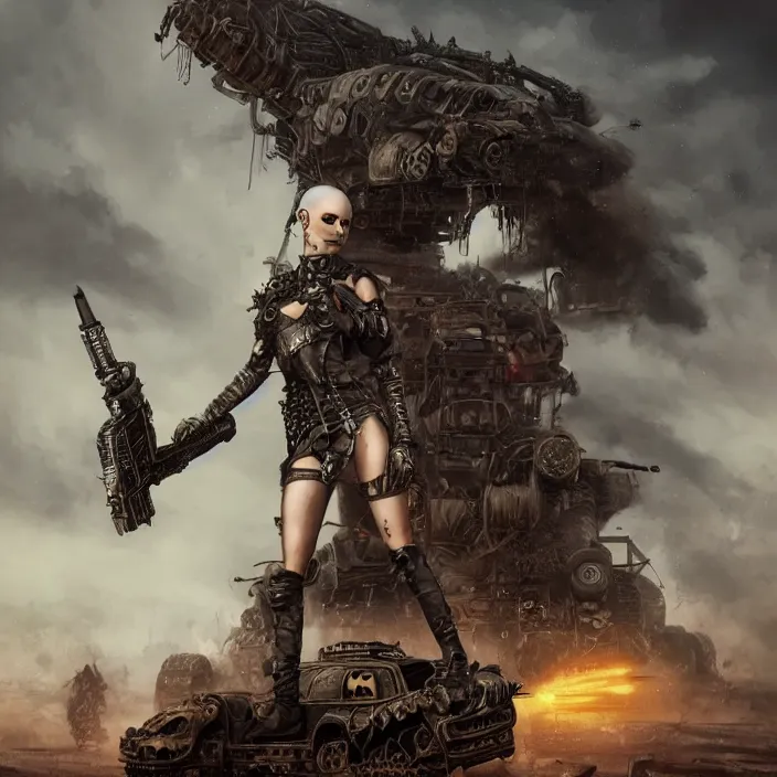 Image similar to beautiful apocalyptic woman with Mohawk, standing on mad max panzer tank, hyper-detailed, smooth, sharp focus, 4k ultra hd, fantasy dark art, tank girl, artgerm, artstation, octane render, elegant, detailed digital painting, apocalyptic art