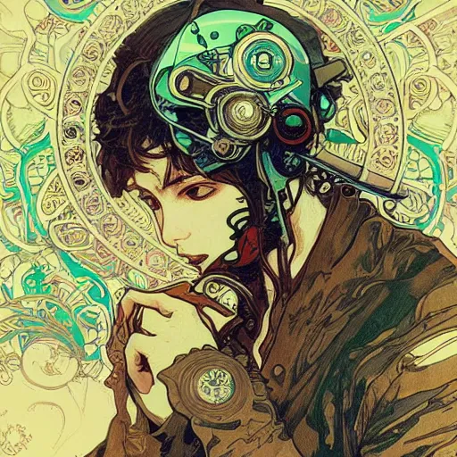 Image similar to alphonse mucha yoji shinkawa moebius jean girard shintaro kago junji ito esoteric hypnogogic ethereal ethereality dreamy combat mech cyberpunk synthwave gustave dore james gurney artstation rutowski artstation deviantart unsplash behance incredible intricate machinery illusionary art and trash polka