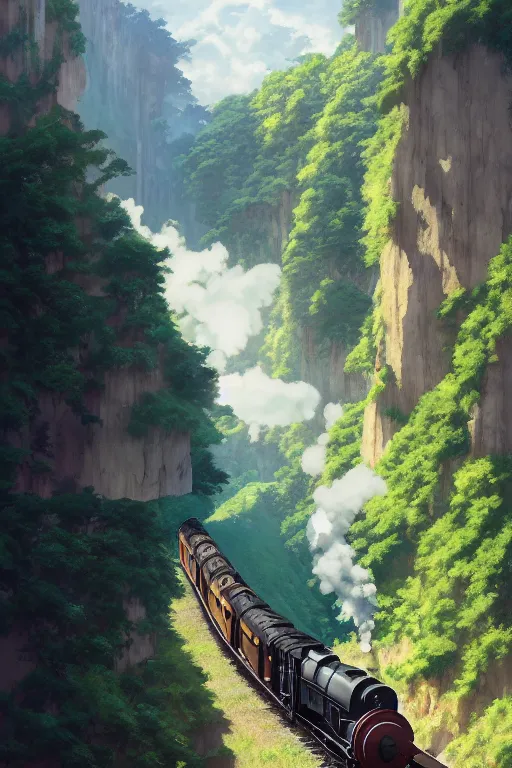 Image similar to a highly detailed matte painting of a steam train going through a beautiful valley by studio ghibli, makoto shinkai, by artgerm, by wlop, by greg rutkowski, volumetric lighting, octane render, 4 k resolution, trending on artstation, masterpiece