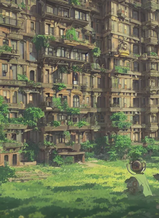 Image similar to A Huge Steampunk Old Apartment Building by Howl's Moving Castle Ghibli, by Miyazaki, by Vincent Di Fate Nausicaa, Ghibli, Breath of The Wild, epic composition, green plants, octane render, trending on artstation