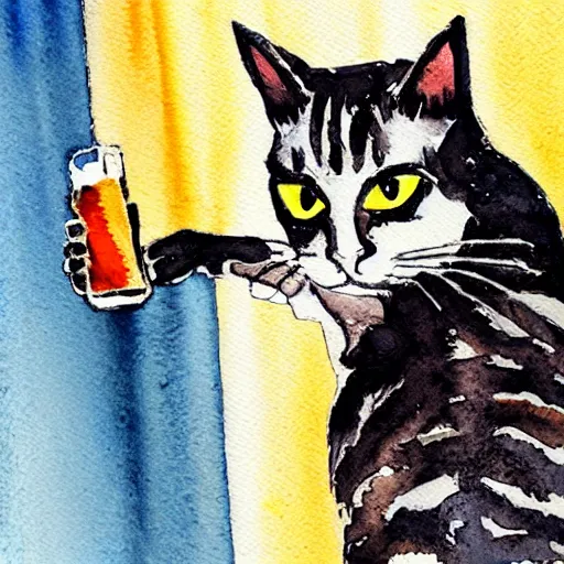 Prompt: a watercolor painting of a cat drinking a beer outside