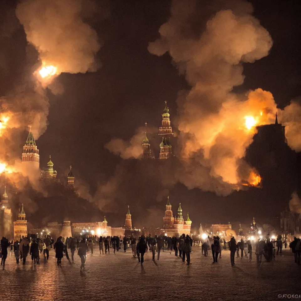 Image similar to Moscow Kremlin is on fire, dark atmosphere, lots of fire, clubs of smoke. Photography.