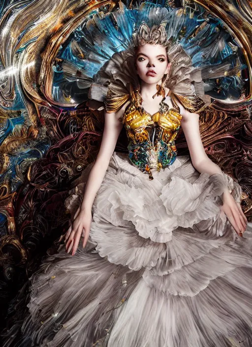 Image similar to expressive full body photo of anya taylor - joy, dress made of sweets, glamour shot, by karol bak, stefan gesell, photorealistic, nikon d 4 x, fashion photography, hyper maximalist, elegant, ornate, luxury, elite, environmental portrait, symmetrical features, octane render, unreal engine, solid dark grey background, dramatic lights