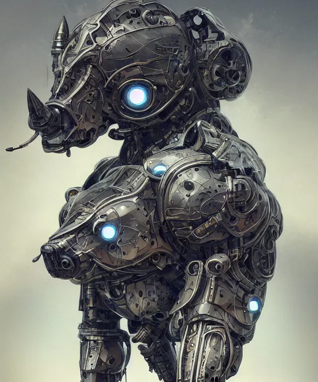 Image similar to an anthropomorphic rhinoceros portrait wearing a part cybernetic body, surrealism , scifi, intricate mecha armor, elegant, highly detailed cybernetic body, neon glowing eyes, digital painting, artstation, concept art, smooth, sharp focus, illustration, art by Artgerm and moebius and Peter Mohrbacher