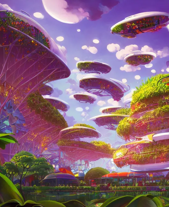 Image similar to simplicity, an amusement park made out of sleek fat asymmetrical organic creatures, in the style of an aerodynamic blobby spaceship, overgrown with orchids, partly cloudy, sun - drenched, dramatic lighting, by dan mumford, yusuke murata, makoto shinkai, ross tran, cinematic, unreal engine, cel shaded, featured on artstation, pixiv