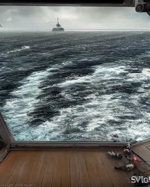 Image similar to view from an aircraft carrier of stormy seas, stormy weather, unreal engine, hyper realism, realistic shading, cinematic composition, realistic render, octane render, detailed textures, photorealistic, ultrawide shot, 16mm lens