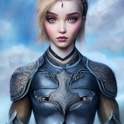 Prompt: tom bagshaw, very beautiful genetic mix of dove cameron madison beer bella poarch in a gorgeous ranger archer nightshade armor and short boyish tomboy blonde haircut, natural makeup, professionally retouched, focus eyes, ultra realistic soft painting, insanely detailed linework, partial symmetrical accurate intricate features, behance artstation, 8 k