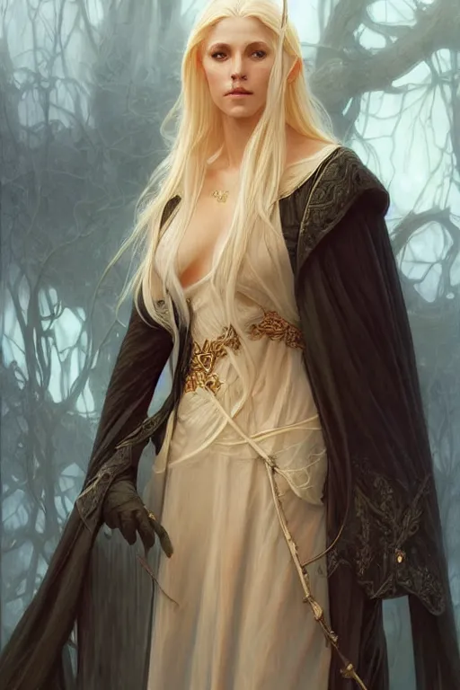 Image similar to portrait of an old blonde elven mage, dark, piercing eyes, gentle expression, elegant clothing, photorealistic, highly detailed, artstation, smooth, sharp focus, art by michael whelan, artgerm, greg rutkowski and alphonse mucha