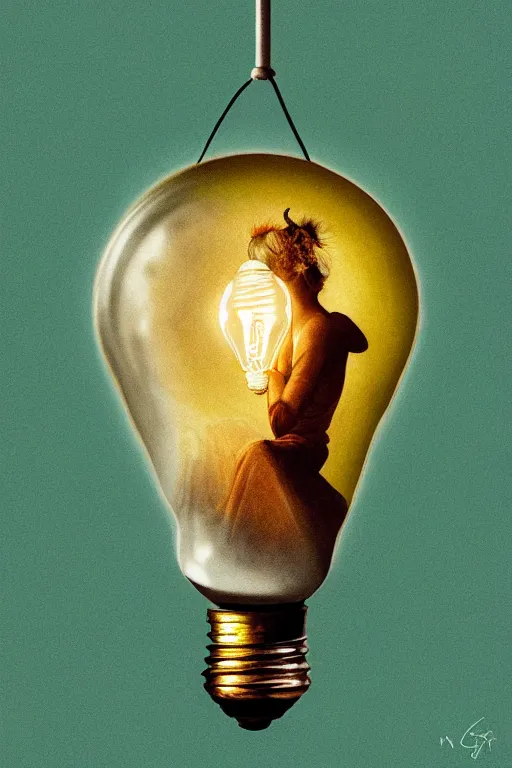 Image similar to painting of a fairy inside an upside down light bulb, kintsugi, modern fine art, fractal, intricate, elegant, highly detailed, digital photography, subsurface scattering, by wes anderson and basquiat and greg rutkowski,