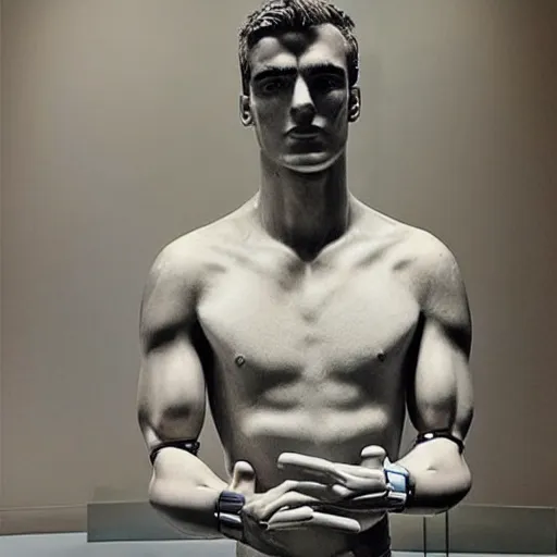 Image similar to “ a realistic detailed photo of a guy who is an attractive humanoid who is half robot and half humanoid, who is a male android, soccer player antoine griezmann, shiny skin, posing like a statue, blank stare, at the museum, on display ”