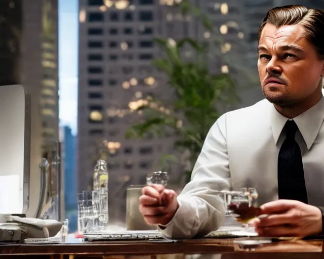 Prompt: leonardo dicaprio as the wolf of wall street, cinamtic, long shot, hyper detailed, realistic face, 8 5 mm photograph, 8 k resolution, film still, sharp lens, wide lens