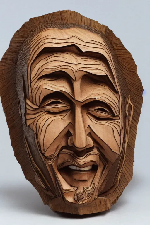 Prompt: Portrait of Nicholas Cage, colored Japanese wood carving