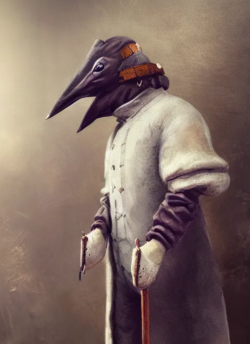 Image similar to detailed full body concept art illustration, dark soft focus, oil painting on canvas of an anthropomorphic capybara plague doctor in full intricate clothing, biomutant, dystopian, micro detail, octane render, 4K