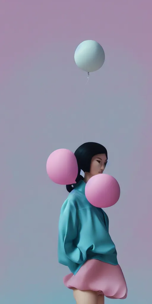 Image similar to 3d matte render, Hsiao-Ron Cheng, balloons, pastel colors, hyper-realism, pastel, polkadots, minimal, simplistic, amazing composition, woman, vaporwave, wow, Gertrude Abercrombie, Beeple, minimalistic graffiti masterpiece, minimalism, 3d abstract render overlayed, black background, psychedelic therapy, trending on ArtStation, ink splatters, pen lines, incredible detail, creative, positive energy, happy, unique, negative space, pure imagination painted by artgerm