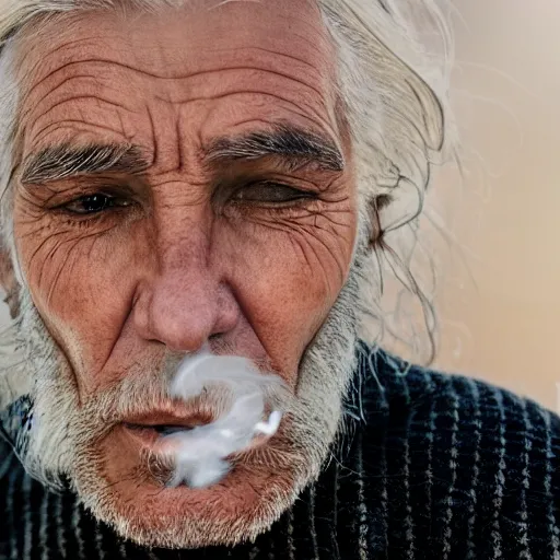 Image similar to wise old man, half face young, long white hair made of smoke coming out from a smoking pipe, meditation, photorealistic, intricate, elegant, hamingway.