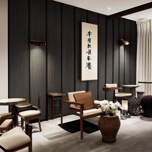 Image similar to lounge and dining room, stone, interior design, stylish luxury hotel living room design, yakisugi, black vertical slatted timber, textures, feminine, black walls, art, Japanese pottery vase with flowers, kakejiku, seasonal, Japanese influences