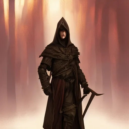 Prompt: portrait, young man. dark medieval clothes, Hood. high detail, digital art, fantasy, RPG, concept art, illustration
