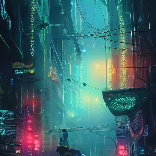 Image similar to many mechanical jellyfishes floating in the street at night after the rain, a mountain in the distance, surreal, cyberpunk, psychedelic, highly detailed, digital art, blade runner 2 0 4 9, 8 k