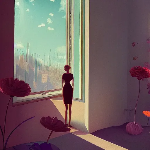 Image similar to giant daisy flower head, woman standing next to modern window in luxury loft, surreal photography, sunlight, impressionist painting, digital painting, artstation, simon stalenhag