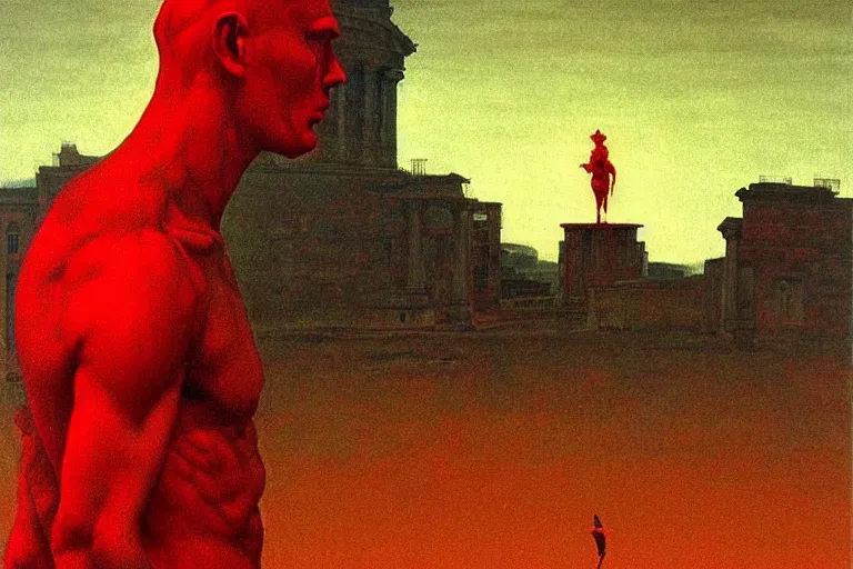 Image similar to only with red, caesar after war, a red tiger, in hoc signo vinces, rome in background, an ancient path, in the style of beksinski, part by hopper, part by rodcenko, part by hofbauer, intricate composition, red by caravaggio, insanely quality, highly detailed, masterpiece, red light, artstation