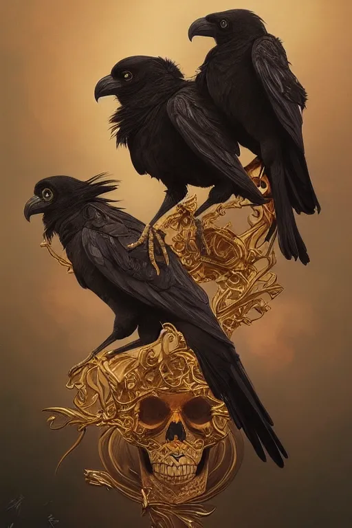 Image similar to painting of a two headed crow on a skull, decorated, intricate, elegant, highly detailed, digital painting, artstation, concept art, smooth, sharp focus, illustration, art by artgerm and greg rutkowski and alphonse mucha, 8 k