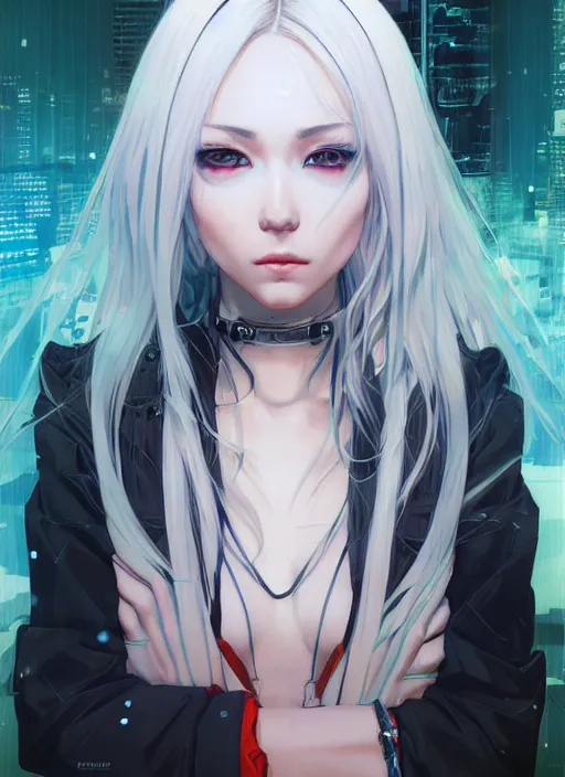 Image similar to portrait Anime girl cyberpunk, cute-fine-face, white-hair pretty face, realistic shaded Perfect face, fine details. Anime, cyberpunk. realistic shaded lighting by Ilya Kuvshinov and Gustav Klimt