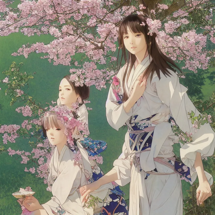 Prompt: portrait of a girl, sakura tree in background, yukata clothing, real faces, anime style, short hair, hair down, symmetrical facial features, from arknights, hyper realistic, 4 k, extreme detail, detailed drawing, trending on pixiv fanbox, realistic lighting, by alphonse mucha, greg rutkowski, sharp focus, backlit
