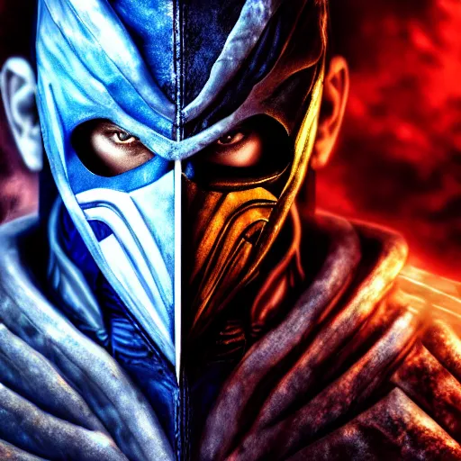 Image similar to a portrait of Sub Zero ,Grim fantasy, Mortal Kombat, blue aura, cold ice spark , HDR, natural light, shoulder level shot, dynamic pose, award winning photograph, Mucha style, 4k,