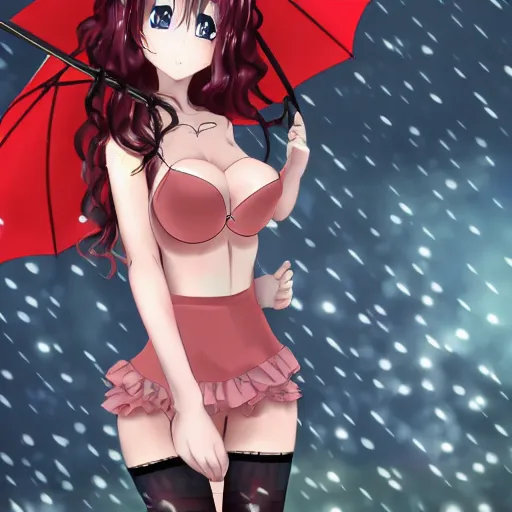 Prompt: anime girl walks in lingerie and pantyhose in the rain with an umbrella, red curly hair in pigtails with an elastic band, rain, full HD, 8k n - 9