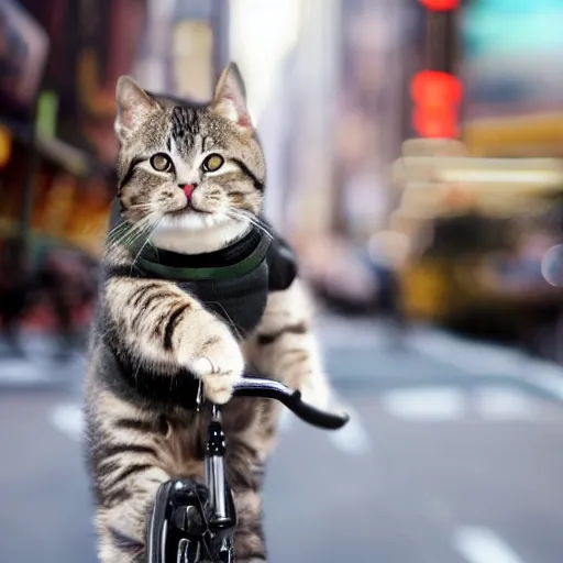 Prompt: a fuzzy cat riding a bicycle down the streets of new york city, photorealistic