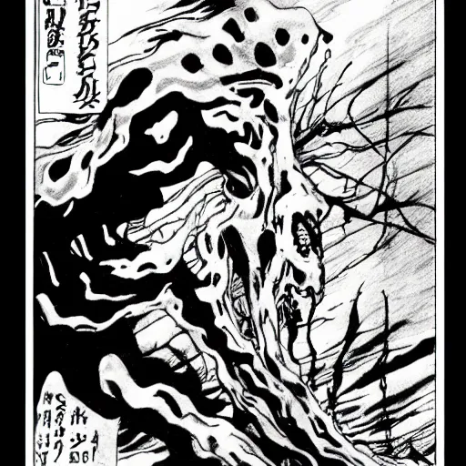 Prompt: horror manga panel ink drawing by junji ito, tatsuki fujimoto of a abomination with long legs and arms peaking through the window, black and white, high quality classic manga, 1 9 9 0, fine details, straight lines, masterpiece