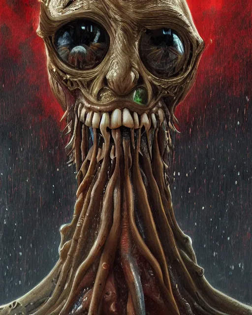 Image similar to Haunting horrifying detailed painting of a tall skinny extraterrestrial squid monster made of gelatinous fluid, floating teeth and bloodshot eyeballs, hyper detailed, trending on Artstation