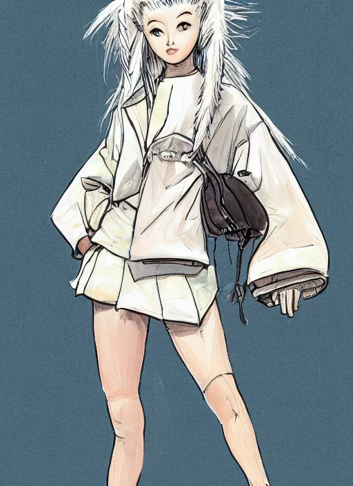 Prompt: a fashion illustration of a futuristic tennis girl wearing yeezy 5 0 0 sneakers and an anorak inspired in inuyasha by brian froud and frank frazetta