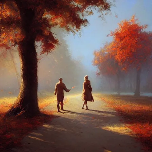 Image similar to a romantic walk in fall, warm, nostalgic, craig mullins