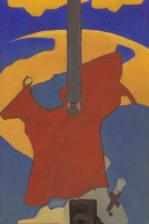 Image similar to thor with mjollnir, marvel, artwork by nicholas roerich,